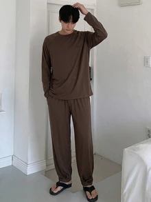 DAZY 男士純色灰色夏季居家休閒套裝 T恤與長褲 - 咖啡棕 - 查看 4