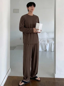 DAZY 男士純色灰色夏季居家休閒套裝 T恤與長褲 - 咖啡棕 - 查看 6