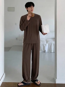 DAZY 男士純色灰色夏季居家休閒套裝 T恤與長褲 - 咖啡棕 - 查看 8