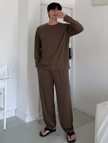 DAZY 男士純色灰色夏季居家休閒套裝 T恤與長褲 - 咖啡棕 - 查看 1
