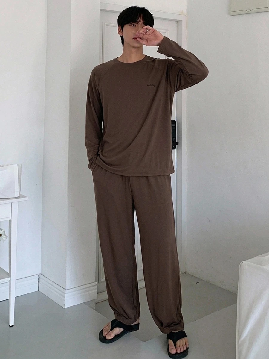 DAZY 男士純色灰色夏季居家休閒套裝 T恤與長褲 - 咖啡棕 - 查看 1