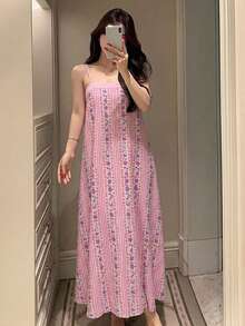 DAZY 夏季海灘度假風花卉印花寬鬆細肩帶長版極長睡裙女款 - 淺粉色 - 查看 5