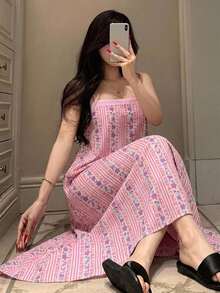 DAZY 夏季海灘度假風花卉印花寬鬆細肩帶長版極長睡裙女款 - 淺粉色 - 查看 3