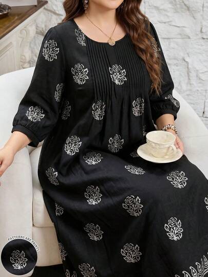 SHEIN Najma Czarna długa sukienka damska plus size z koronkowym wzorem kwiatowym paisley w kształcie róży, jesienna, z okrągłym dekoltem, plisowana, z rękawami 3/4, elegancka na imprezę w stylu lat 70.