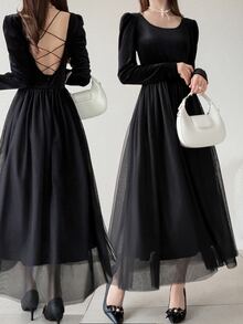 FRIFUL Women's Elegant Gentle Long Sleeve Dress For Date And Evening Party - Black - View 3