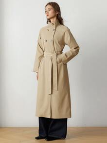 Dazy-Less Women's Solid Color Stand Collar Fashion Versatile Daily French Elegant Casual Trench Coat Jacket Business Casual Woman Autumn Office Khaki Green - Khaki - View 3