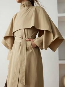 Dazy-Less Women's Solid Color Stand Collar Fashion Versatile Daily French Elegant Casual Trench Coat Jacket Business Casual Woman Autumn Office Khaki Green - Khaki - View 5
