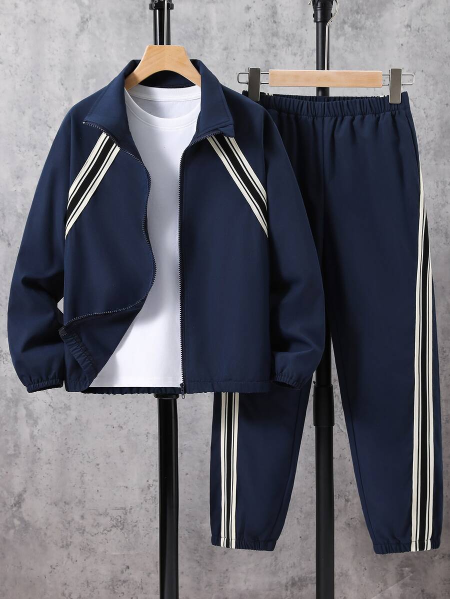 SHEIN Little Byeori 兒童青少年男孩休閒韓系寬鬆運動戶外全開襟立領海軍藍夾克與慢跑褲2件套，適合秋冬，休閒運動風 - 藍色 - 查看 1
