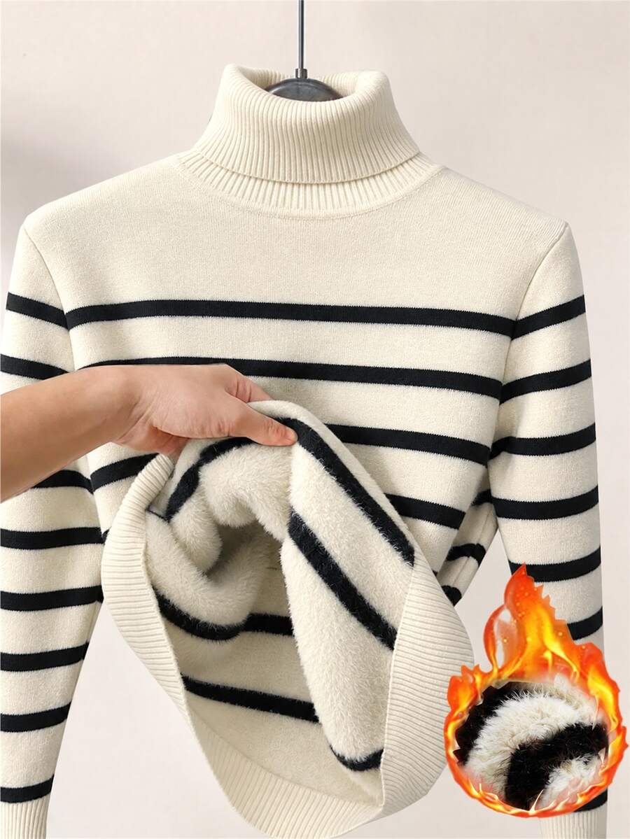 Franclia Nuevo suéter de cuello alto, ajustado, con rayas y parches, forrado térmicamente, para mujer, para otoño/invierno - Albaricoque - Ver 1