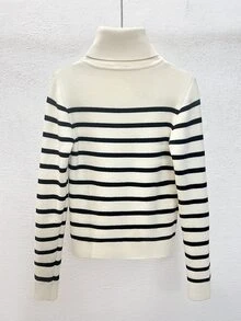 Franclia Nuevo suéter de cuello alto, ajustado, con rayas y parches, forrado térmicamente, para mujer, para otoño/invierno - Albaricoque - Ver 2