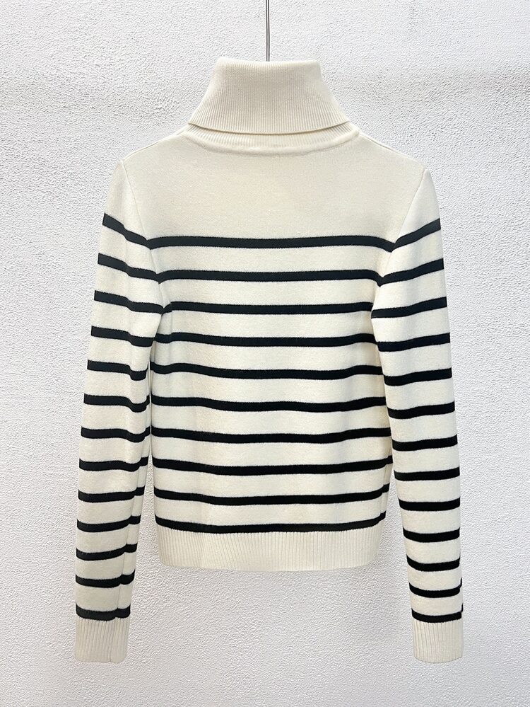 Franclia New Autumn/Winter High Neck Slim Fit Striped Patchwork Thermal Lined Pullover Sweater For Women - Apricot - View 2