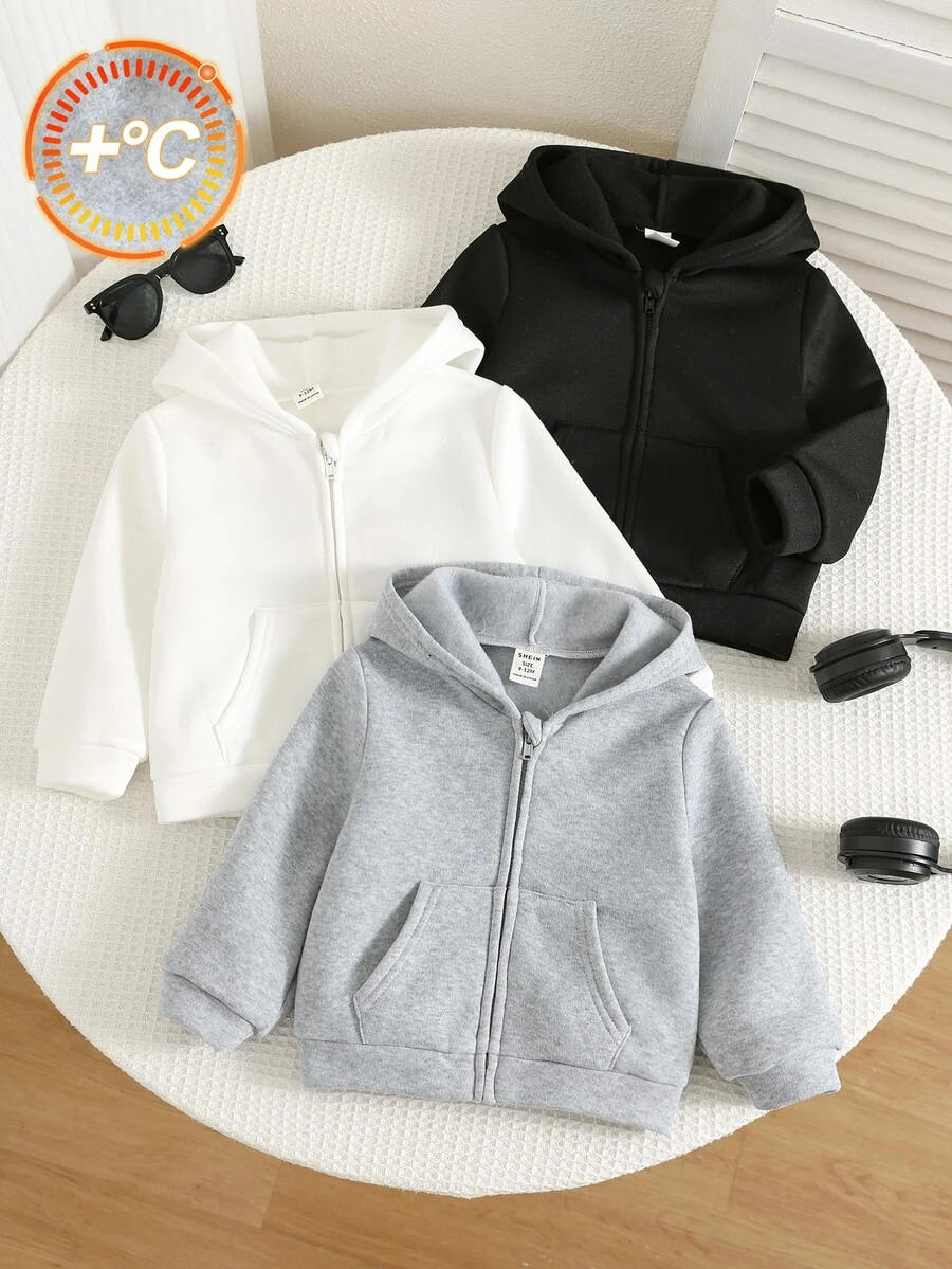 SHEIN 3pcs Baby Boy Autumn/Winter Casual Open Front Hooded Sweatshirt Set, Basic Sweatshirt Outfit, Infant Jacket - Multicolor - View 1