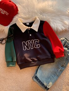 SHEIN 兒童小男孩秋冬休閒拼色字母圖案 Polo 領長袖套頭運動衫，男孩聖誕運動衫 - 彩色 - 查看 6