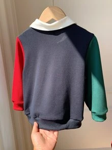 SHEIN 兒童小男孩秋冬休閒拼色字母圖案 Polo 領長袖套頭運動衫，男孩聖誕運動衫 - 彩色 - 查看 2