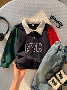 SHEIN 兒童小男孩秋冬休閒拼色字母圖案 Polo 領長袖套頭運動衫，男孩聖誕運動衫 - 彩色 - 查看 1