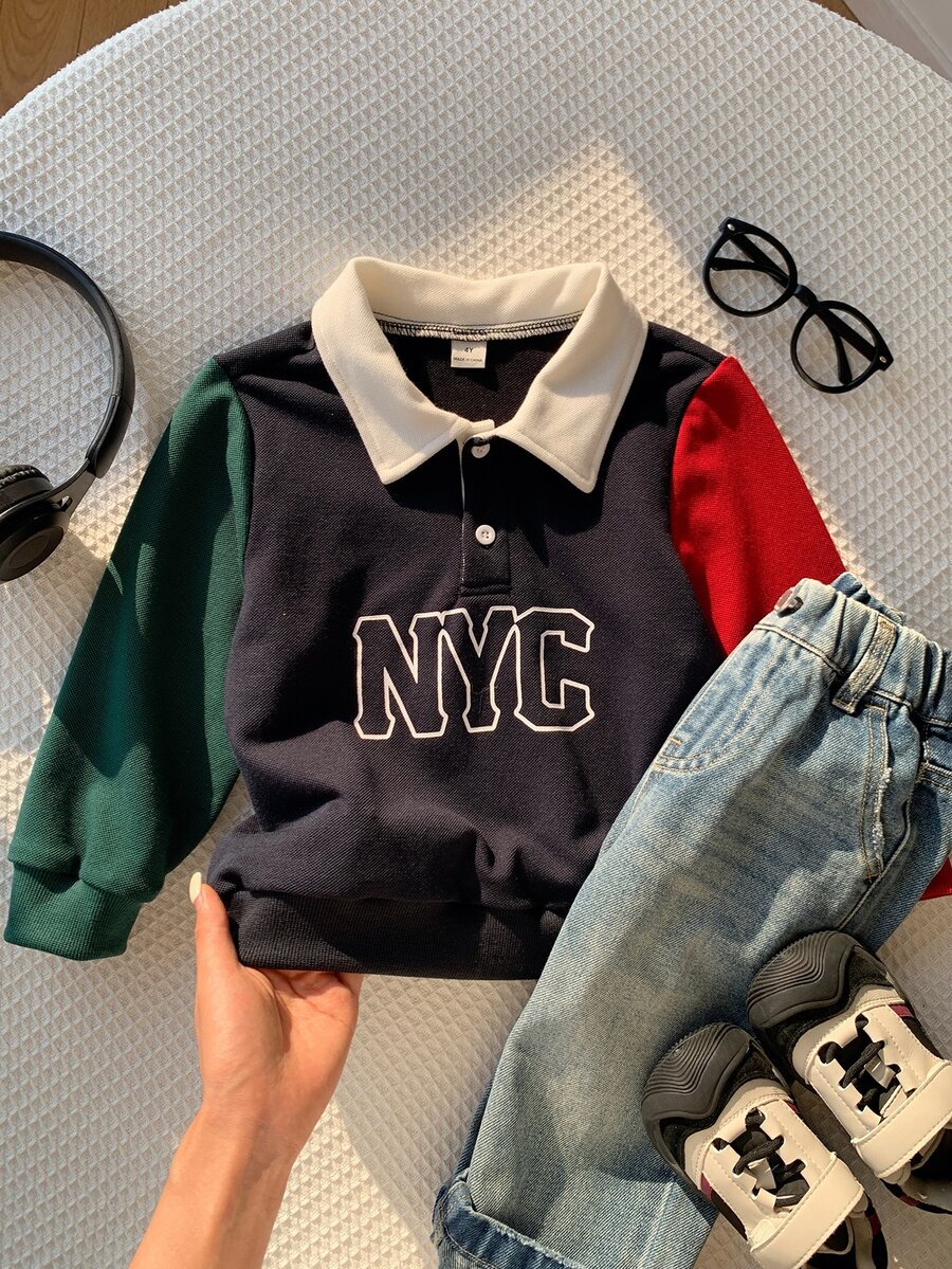 SHEIN 兒童小男孩秋冬休閒拼色字母圖案 Polo 領長袖套頭運動衫,男孩聖誕運動衫 - 彩色 - 查看 1