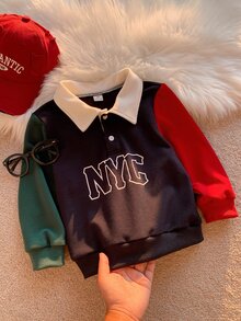 SHEIN 兒童小男孩秋冬休閒拼色字母圖案 Polo 領長袖套頭運動衫，男孩聖誕運動衫 - 彩色 - 查看 8