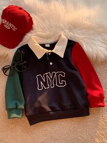 SHEIN 兒童小男孩秋冬休閒拼色字母圖案 Polo 領長袖套頭運動衫，男孩聖誕運動衫 - 彩色 - 查看 7
