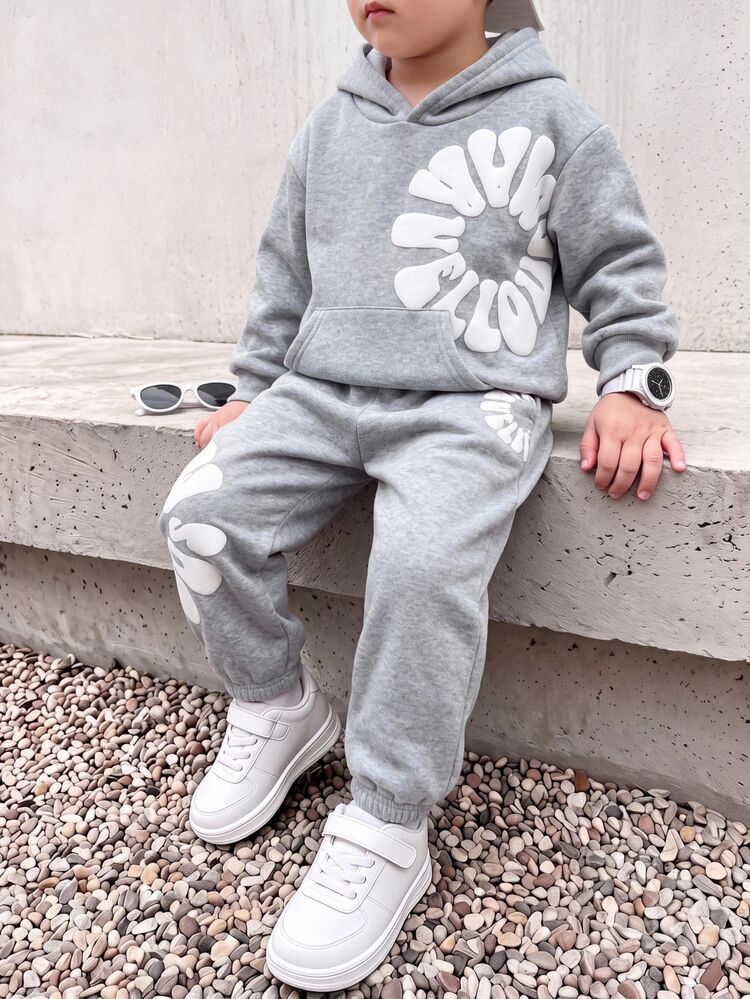 SHEIN 2pcs/Set Kids Young Boy Autumn/Winter Casual Hooded Long Sleeve Pullover Sweatshirt & Elastic Waist Long Pants Set, Grey Pullover Sweatshirt Set, Boys Outfit, Sports Set, Autumn/Winter Set - Multicolor - View 1