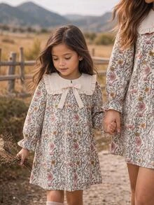 SHEIN Gaun Kasual Anak Perempuan Motif Bunga Tenun Patchwork Warna Kontras dengan Hem Berkerut dan Kerah Peter Pan serta Pita 3D - MultiWarna - View 5