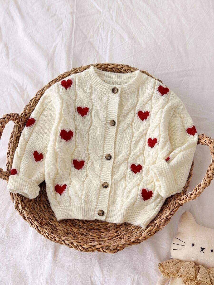 SHEIN Kids Young Girl Solid Color Heart Pattern Knit Cardigan Casual Autumn Winter Sweater - Multicolor - View 1