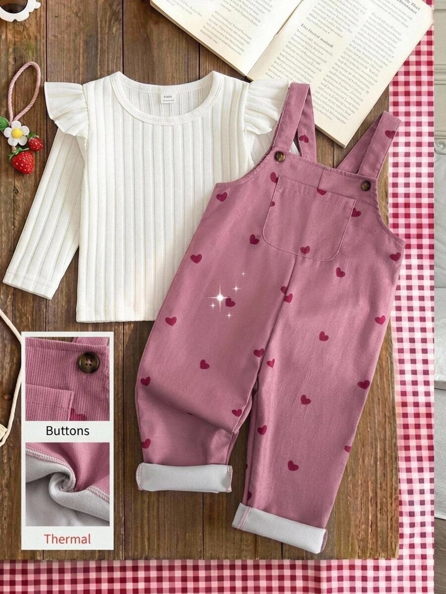 SHEIN Young Girls Spring/Autumn Mauve Heart Print Overalls, Adjustable Shoulder Strap Button Design, Loose Straight Leg Jumpsuit Style, Front Pocket Decoration Adds Practicality, Retro Sweet Playful Style, Suitable For Kindergarten, Park Outings, Daily Shopping, Holiday Trips And More - Multicolor - View 1