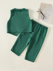 SHEIN 2件組男嬰秋冬綠色無袖背心開襟衫與鬆緊腰長褲套裝，百搭舒適，適合生日派對、洗禮、1歲生日慶祝、晚宴、表演、婚禮、聖誕節及其他場合 - 綠色 - 查看 2