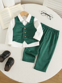 SHEIN 2件組男嬰秋冬綠色無袖背心開襟衫與鬆緊腰長褲套裝，百搭舒適，適合生日派對、洗禮、1歲生日慶祝、晚宴、表演、婚禮、聖誕節及其他場合 - 綠色 - 查看 3