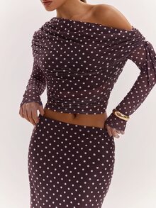 SHEIN BAE Women's Sexy Brown Polka Dot Asymmetrical Shoulder Single Sleeve Two Pieces Set - Multicolor - View 5