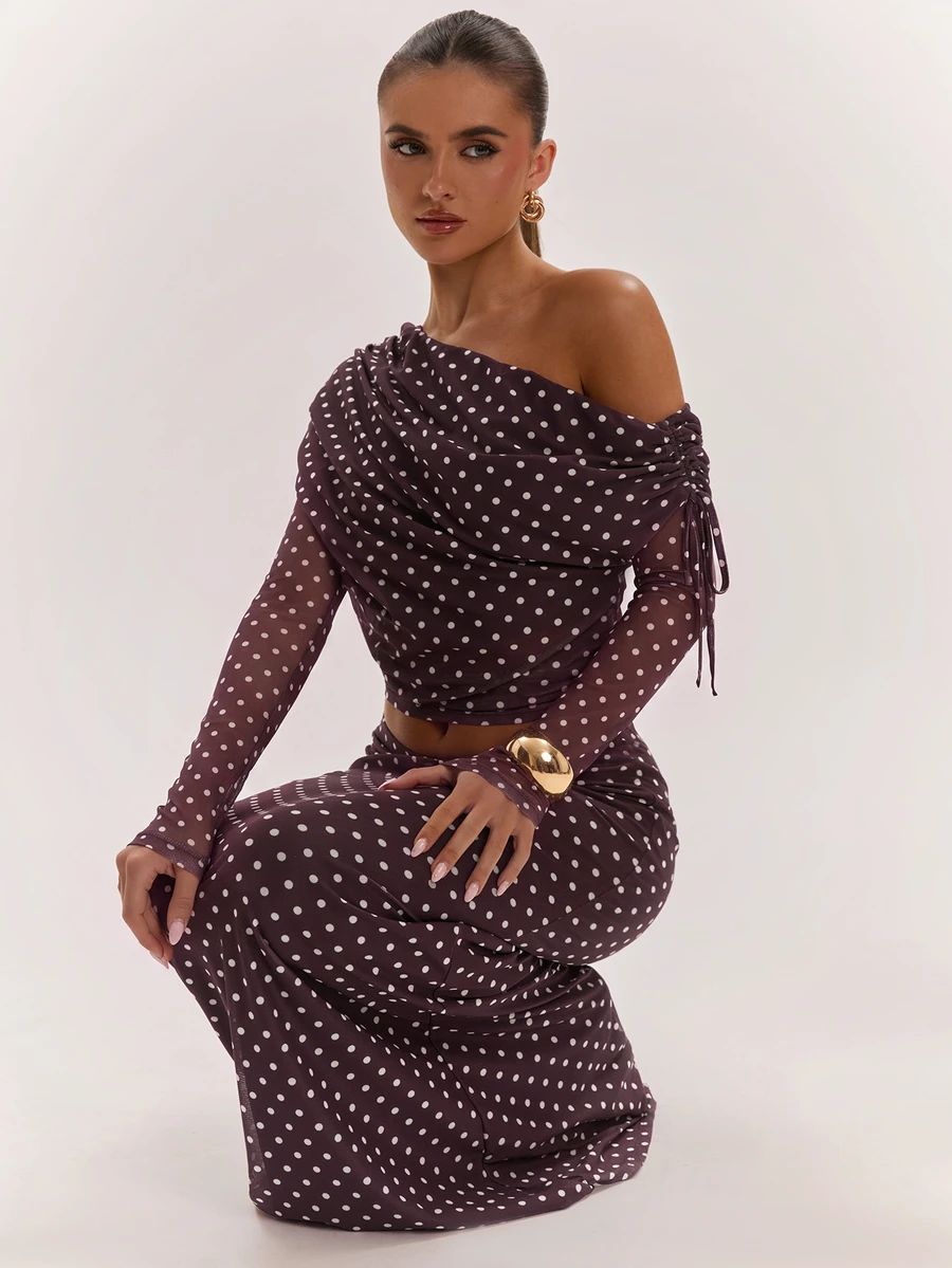 SHEIN BAE Women's Sexy Brown Polka Dot Asymmetrical Shoulder Single Sleeve Two Pieces Set - Multicolor - View 1