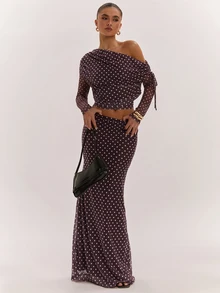 SHEIN BAE Women's Sexy Brown Polka Dot Asymmetrical Shoulder Single Sleeve Two Pieces Set - Multicolor - View 4