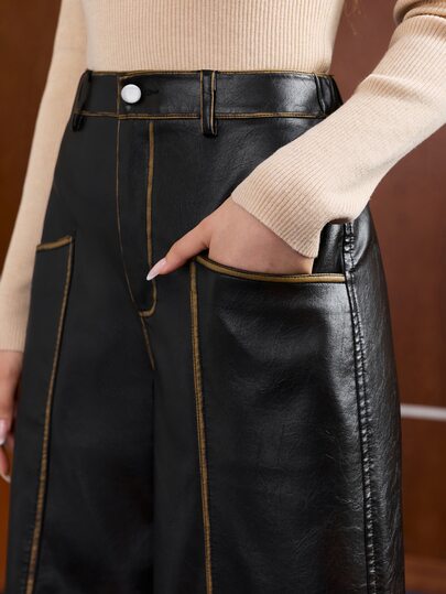 Anewsta Pantalones largos negros desgastados de moda Maillard de otoño para mujer, estilo moderno casual para ir al trabajo