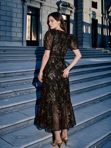 Anewsta Affair Women Elegant Floral Lace Patchwork Sequins Rope Embroidered Round Neck Short Sleeve Dress - Black - View 2