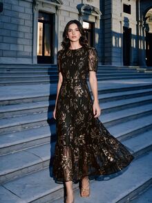 Anewsta Affair Women Elegant Floral Lace Patchwork Sequins Rope Embroidered Round Neck Short Sleeve Dress - Black - View 3