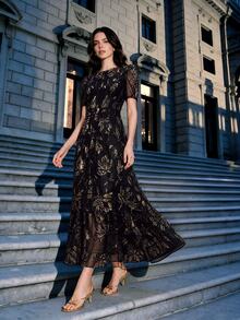 Anewsta Affair Women Elegant Floral Lace Patchwork Sequins Rope Embroidered Round Neck Short Sleeve Dress - Black - View 1