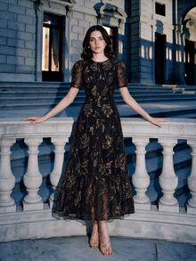 Anewsta Affair Women Elegant Floral Lace Patchwork Sequins Rope Embroidered Round Neck Short Sleeve Dress - Black - View 4
