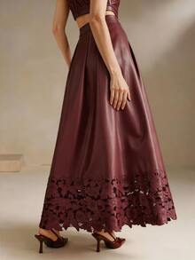 Anewsta Women's New Fashion Textured PU Laser Embroidered Premium Versatile A-Line Full Skirt - Burgundy - View 7