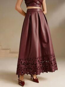 Anewsta Women's New Fashion Textured PU Laser Embroidered Premium Versatile A-Line Full Skirt - Burgundy - View 4