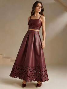 Anewsta Women's New Fashion Textured PU Laser Embroidered Premium Versatile A-Line Full Skirt - Burgundy - View 6