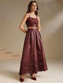 Anewsta Women's New Fashion Textured PU Laser Embroidered Premium Versatile A-Line Full Skirt - Burgundy - View 5