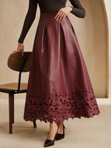 Anewsta Women's New Fashion Textured PU Laser Embroidered Premium Versatile A-Line Full Skirt - Burgundy - View 8