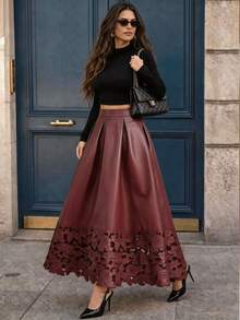Anewsta Women's New Fashion Textured PU Laser Embroidered Premium Versatile A-Line Full Skirt - Burgundy - View 1