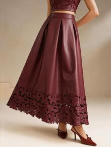 Anewsta Women's New Fashion Textured PU Laser Embroidered Premium Versatile A-Line Full Skirt - Burgundy - View 3