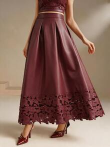 Anewsta Women's New Fashion Textured PU Laser Embroidered Premium Versatile A-Line Full Skirt - Burgundy - View 2