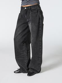 COUREZ Celana Jeans Balon Sedang dengan Tali Belakang yang Dapat Diatur dalam Warna Abu-abu Gelap / Pakaian Musim Gugur Y2K untuk Wanita / Celana Wanita Musim Gugur/Dingin / Pakaian Musim Gugur / Pakaian untuk Keluar Malam - Hitam - View 6