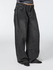 COUREZ Celana Jeans Balon Sedang dengan Tali Belakang yang Dapat Diatur dalam Warna Abu-abu Gelap / Pakaian Musim Gugur Y2K untuk Wanita / Celana Wanita Musim Gugur/Dingin / Pakaian Musim Gugur / Pakaian untuk Keluar Malam - Hitam - View 7