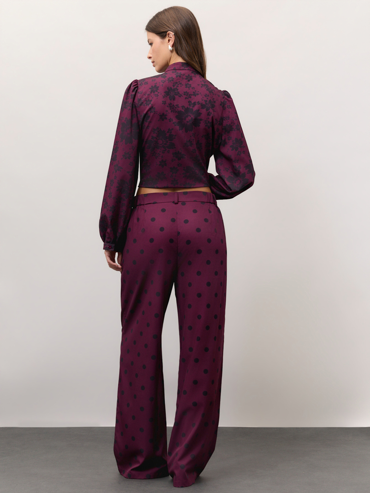 Nöista Burgundy Floral And Polka Dot Set With A High-Neck Blouse, Frog-Button Fastening And Puff Sleeves, Paired With Wide-Leg Trousers. A Cute Fall Style.. - Burgundy - View 10