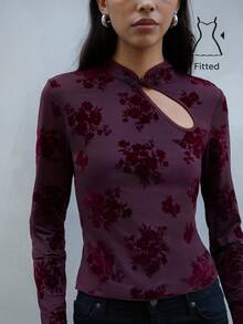 Nöista Womenswear Fitted Long Sleeve Top With Jacquard Fabric In Burgundy Color, Perfect For Fall Winter Night Outs, Special Occasions Ang Going Out. - Burgundy - View 1