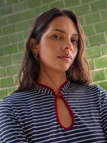 Nöista Long Sleeve Womenswear Fitted Top.With Stripped Fabric And Contrast Neck With A Front Cut Out.Perfect For Daily Outfits In The Back To School Season. - Royal Blue - View 2