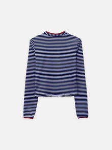 Nöista Long Sleeve Womenswear Fitted Top.With Stripped Fabric And Contrast Neck With A Front Cut Out.Perfect For Daily Outfits In The Back To School Season. - Royal Blue - View 10